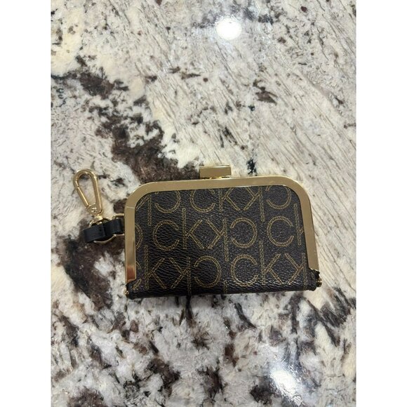 Calvin Klein Monogrammed Coin Purse With Gold Frame & Keychain Clip - Picture 2 of 4